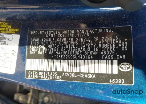 2006 Toyota Camry Xle z USA, uszkodzony, nr VIN 4T1BE32K96U143164